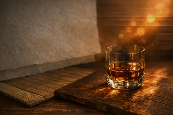 Glass of amber Japanese whisky on a dark wooden surface with subtle washi and tatami textures in the background