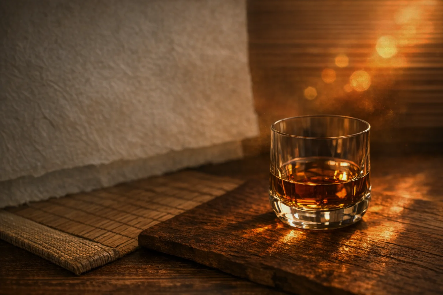 Glass of amber Japanese whisky on a dark wooden surface with subtle washi and tatami textures in the background